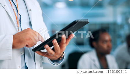 Hands, medical or scientist in laboratory with tablet, update and gene editing in biotech experiment. Person, innovation breakthrough or touchscreen with science report, test or DNA research results 126100541