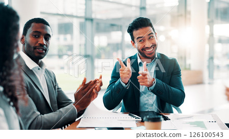 Finger guns, smile and businessman with meeting, applause and achievement celebration in office. People, collaboration and clapping hands for good news, partnership and feedback for winner goals 126100543
