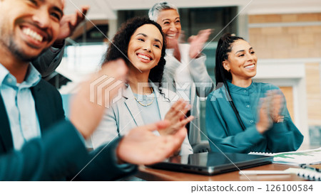 Clapping hands, meeting and business people in office with achievement, presentation or target. Happy, cheering and team of financial managers with applause for good news on company investment. Clapping hands, meeting and business people in office with achievement, presentation or target. Happy, cheering and team of financial managers with applause for good news on company investment. 126100584