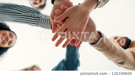 Hands, stack and business people with teamwork below, support or collaboration for goal. Community, group and workers with motivation for synergy, trust or closeup for solidarity in meeting. Hands, stack and business people with teamwork below, support or collaboration for goal. Community, group and workers with motivation for synergy, trust or closeup for solidarity in meeting. 126100600