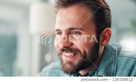 Smile, face and man in office with creative ideas, research and brainstorming for company project management. Thinking, designer or happy businessman with problem solving for startup entrepreneur 126100612