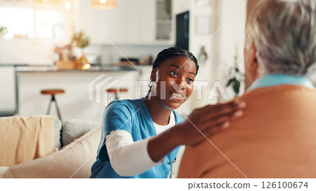 Happy, support and nurse with old woman on sofa for Healthcare advice, kindness and trust. Medical caregiver, retirement and consulting with senior patient in nursing home for help and elderly care 126100674