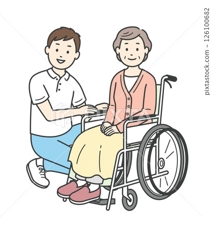Illustration of an elderly woman in a wheelchair and a male caregiver assisting her Illustration of an elderly woman in a wheelchair and a male caregiver assisting her 126100682
