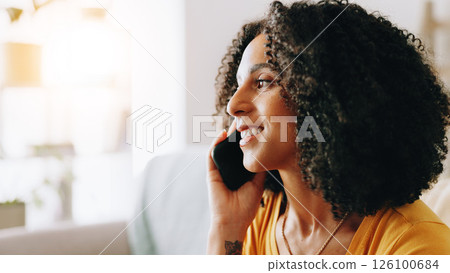 Woman, happy and phone call in home for contact, communication and connection for gossip. Girl, thinking and tech in living room space for social network, friendly conversation and relax in apartment 126100684