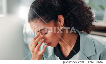 Businesswoman, headache or burnout in office with mental breakdown, brain fog or debt crisis. Dizzy, tired or overworked financial accountant overwhelmed with pressure, migraine pain or eye strain Businesswoman, headache or burnout in office with mental breakdown, brain fog or debt crisis. Dizzy, tired or overworked financial accountant overwhelmed with pressure, migraine pain or eye strain 126100687