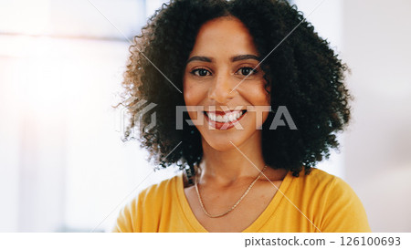 Happy, confident and portrait of woman in new home for calm, peace and break on weekend with relax. Smile, morning and face of female person from Colombia with pride for ownership at apartment. 126100693