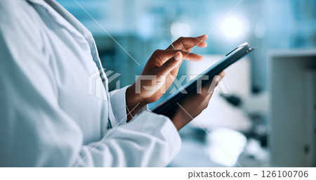 Hands, biotech or person in laboratory with tablet, update or gene editing medical experiment. Data scientist, innovation breakthrough or touchscreen with science report, test or DNA research results 126100706