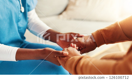 Holding hands, love and trust with nurse and old woman for healthcare, kindness and empathy. Medical caregiver, retirement and closeup of senior patient in nursing home for help and elderly care Holding hands, love and trust with nurse and old woman for healthcare, kindness and empathy. Medical caregiver, retirement and closeup of senior patient in nursing home for help and elderly care 126100712