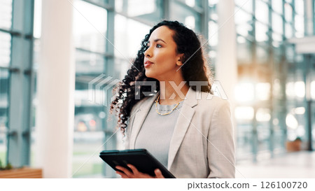 Lobby, thinking and business woman with tablet in office for communication, connection and email. Professional, corporate and person on digital tech for contact, online website and B2B networking 126100720
