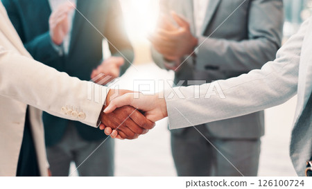 Handshake, business people with trust or agreement, deal or support with team mission in office. Partnership, collaboration or success with achievement, shaking hands for solidarity and applause Handshake, business people with trust or agreement, deal or support with team mission in office. Partnership, collaboration or success with achievement, shaking hands for solidarity and applause 126100724