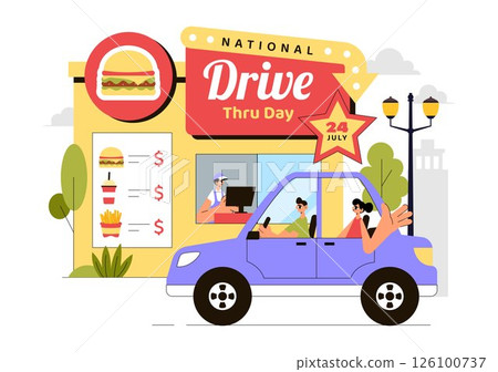 National Drive Thru Day Vector Illustration featuring a Service That Allows Customers to Order and Receive Food From Their Vehicles in a Background 126100737