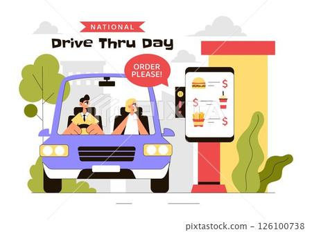 National Drive Thru Day Vector Illustration featuring a Service That Allows Customers to Order and Receive Food From Their Vehicles in a Background National Drive Thru Day Vector Illustration featuring a Service That Allows Customers to Order and Receive Food From Their Vehicles in a Background 126100738