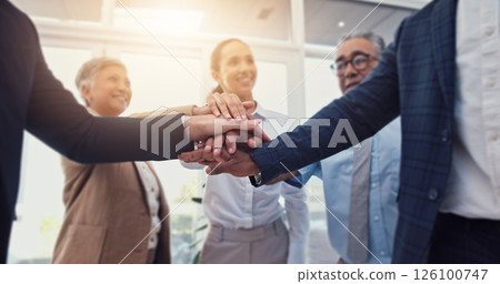 Business people, hands together and teamwork, support or collaboration with company goals, success or mission. Employees, professional group and circle with stack for job, target and staff synergy 126100747