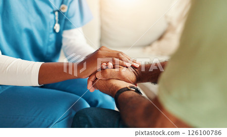 Empathy, trust and nurse holding hands with patient for help, consulting support and healthcare advice. Kindness, therapy and medical counseling in nursing home for hope, consultation and psychology 126100786