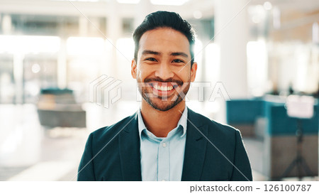Portrait, business and man with smile in lobby for bookkeeping, about us and accounting job. Happy, male person and company consultant with financial experience, career ambition and asset management 126100787