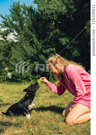 Young woman playing with her dog and shuttlecocks concept. Summer outdoor activities. Staycation leisure time. Petrenthood pet love Young woman playing with her dog and shuttlecocks concept. Summer outdoor activities. Staycation leisure time. Petrenthood pet love 126100811