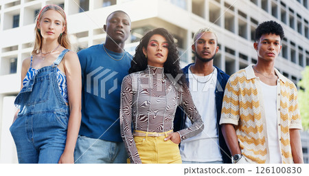 Attitude, portrait and student friends in city together for clothing, fashion or style. College, group or university with confident men and women outdoor on campus for streetwear or urban outfit Attitude, portrait and student friends in city together for clothing, fashion or style. College, group or university with confident men and women outdoor on campus for streetwear or urban outfit 126100830