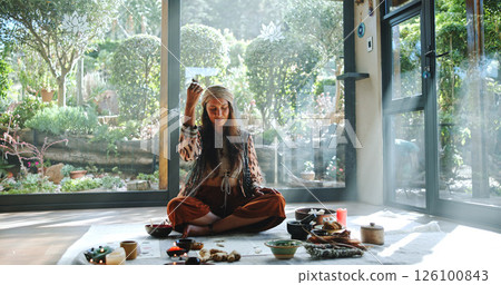 Natural healing, naturopath and smoke with woman for cleaning, ceremony and meditation in studio. Female healer, sandalwood and aromatherapy for spirituality with incense or alternative medicine Natural healing, naturopath and smoke with woman for cleaning, ceremony and meditation in studio. Female healer, sandalwood and aromatherapy for spirituality with incense or alternative medicine 126100843