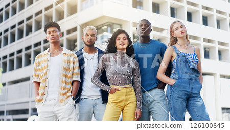 Fashion, portrait and student friends in city together for education, learning or scholarship. Attitude, college or university with happy men and women outdoor on campus for development or growth 126100845