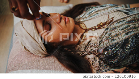 Floor, healing and woman with healer, hands and ritual for self awareness, meditation and gemstone. Inner peace, chakra and zen with ceremony for soul, holistic and awakening of person with mantra Floor, healing and woman with healer, hands and ritual for self awareness, meditation and gemstone. Inner peace, chakra and zen with ceremony for soul, holistic and awakening of person with mantra 126100916