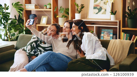 Women, selfie and generations with family in house, senior mom, daughter and granddaughter with connection. Bonding, happy and female people smile in picture with love, care and mothers day memory 126100939