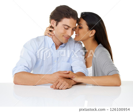 Love, couple or affection with hug, flirt or happiness for Valentines day, quality time or isolated on white studio background. Romantic, man or woman intimacy, joy or loving with romance on backdrop 126100954