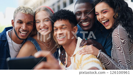 Friends, group and smile with selfie in city for social media, happy memory and profile picture update. Diversity, people and laughing with photography outdoor for bonding together and vacation post 126100961