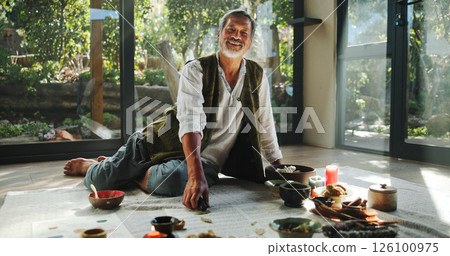 Crystal, alternative medicine and portrait of Asian man for spiritual meditation, holistic treatment and healing. Aromatherapy, cleanse and person with stones for peace, chakra and detox for wellness 126100975