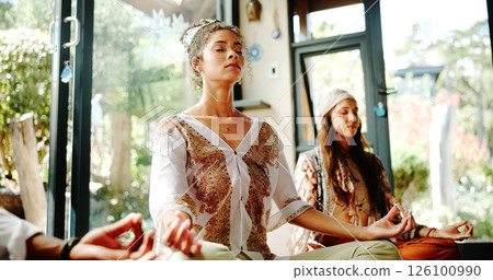 Peace, lotus and woman with group meditation for calm mindset, zen or relax in breathing exercise. Posture, morning and people in class together for mindfulness, mental wellness or holistic self care Peace, lotus and woman with group meditation for calm mindset, zen or relax in breathing exercise. Posture, morning and people in class together for mindfulness, mental wellness or holistic self care 126100990