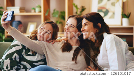 Women, selfie and generations with family in home, senior mom, daughter and granddaughter with connection. Bonding, happy and female people smile in picture with love, care and mothers day memory 126101017