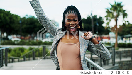 Black woman, excited or business in city with success, winning or happiness for career opportunity in real estate. Female realtor, cheers or smile for achievement outdoor, victory or job promotion 126101038