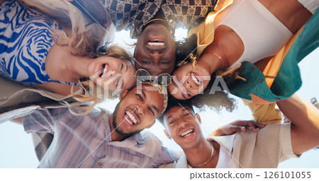 Happy people, friends and below with huddle for teamwork, community or support under blue sky background. Low angle, portrait or group with smile or hug in circle for solidarity, unity or trust Happy people, friends and below with huddle for teamwork, community or support under blue sky background. Low angle, portrait or group with smile or hug in circle for solidarity, unity or trust 126101055
