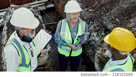 Engineering, people and happy on construction site for meeting, discussion and problem solving in foundation. Woman inspector, above team and smile on worksite for planning, project progress and tech Engineering, people and happy on construction site for meeting, discussion and problem solving in foundation. Woman inspector, above team and smile on worksite for planning, project progress and tech 126101080