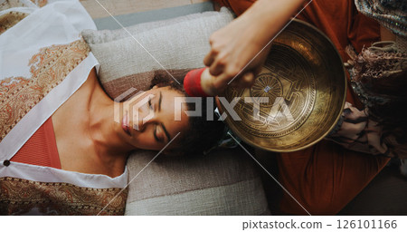 Healer, woman and healing with singing bowl, hands and vibration for inner peace with mantra and above. Meditation, sage and sound therapy with instrument for awakening, chant and holistic for person Healer, woman and healing with singing bowl, hands and vibration for inner peace with mantra and above. Meditation, sage and sound therapy with instrument for awakening, chant and holistic for person 126101166