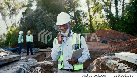 Building, radio and tablet with developer man on excavation site for communication, planning or update. Architecture, conversation and hardhat with construction worker outdoor for engineering 126101183
