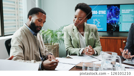 Business, people and reading paperwork in office for planning, neuroscience and innovation ideas. Manager, presentation and briefing with document, brain technology and information of proposal update 126101210