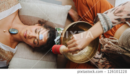Healing, gemstone and woman with healer, hands and meditation for self awareness, spiritual and calm. Inner peace, chakra and zen with ceremony for soul, holistic and awakening of person with mantra 126101228