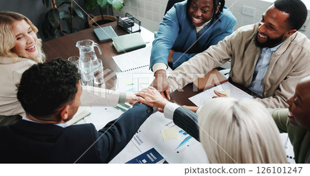 Business people, hands together and meeting for deal with documents, proposal or employee engagement. Data analyst, huddle and graphs with celebration, project and advice for community discussion 126101247