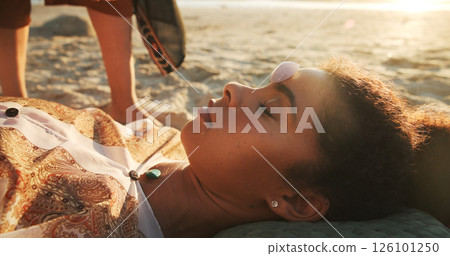 Woman, crystal and stone at beach with chakra balance, energy and therapy with rest on vacation. Person, rocks and holistic care with mineral, mindfulness and peace with zen on ground in summer Woman, crystal and stone at beach with chakra balance, energy and therapy with rest on vacation. Person, rocks and holistic care with mineral, mindfulness and peace with zen on ground in summer 126101250