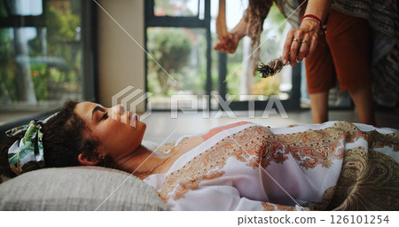 Healing, ceremony and woman with healer, hands and meditation for self awareness, spiritual and smoke. Inner peace, chakra and zen with ritual for soul, holistic or awakening of person with shaman 126101254