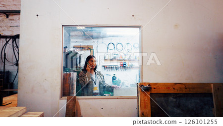 Phone call, carpenter and woman with smile, talking or consultation for furniture prices or order. Glass, woodworker and communication with contact for service, happy or negotiation for fee with tech Phone call, carpenter and woman with smile, talking or consultation for furniture prices or order. Glass, woodworker and communication with contact for service, happy or negotiation for fee with tech 126101255