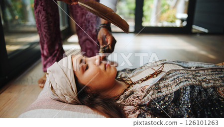 Relax, sage and woman at guided meditation class for mindfulness, peace and calm practice. Zen, yoga nidra and female person at somatic healing session for wellness, cleansing or trauma release. Relax, sage and woman at guided meditation class for mindfulness, peace and calm practice. Zen, yoga nidra and female person at somatic healing session for wellness, cleansing or trauma release. 126101263