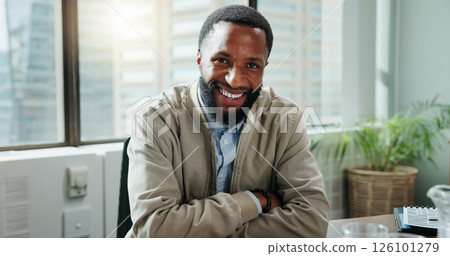 Portrait, business and happy black man with arms folded in office for pride as financial advisor. Smile, employee and confident professional worker, wealth consultant and money manager in Kenya 126101279