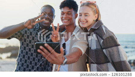 Friends, people and selfie with peace sign at beach for social media post, travel memory or profile picture update. Happy, group and photography on holiday adventure with bonding, support or vacation Friends, people and selfie with peace sign at beach for social media post, travel memory or profile picture update. Happy, group and photography on holiday adventure with bonding, support or vacation 126101288