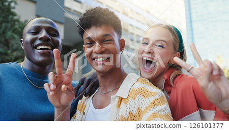 Peace sign, portrait and student friends in city together for education, learning or scholarship. College, emoji or university with happy men and woman outdoor on campus for development or growth Peace sign, portrait and student friends in city together for education, learning or scholarship. College, emoji or university with happy men and woman outdoor on campus for development or growth 126101377