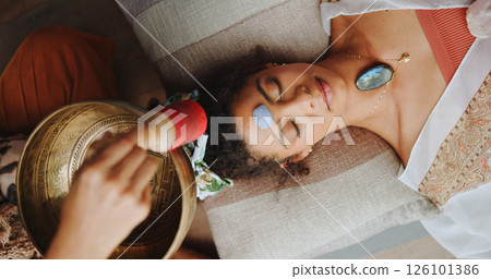 Healing, ritual and woman with healer, hands and meditation for self awareness, spiritual and calm. Inner peace, chakra and zen with ceremony for soul, holistic and awakening of person with mantra 126101386