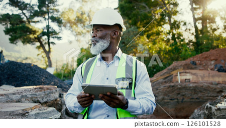 Construction worker, tablet and thinking with black man on site for development or planning. Architecture, ideas and hardhat with African person outdoor for building or industrial engineering Construction worker, tablet and thinking with black man on site for development or planning. Architecture, ideas and hardhat with African person outdoor for building or industrial engineering 126101528