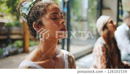 Relax, face and woman with breathing meditation for calm mindset, zen and inner peace in group. Air, exhale and person with eyes closed in class for mindfulness, mental wellness or holistic self care Relax, face and woman with breathing meditation for calm mindset, zen and inner peace in group. Air, exhale and person with eyes closed in class for mindfulness, mental wellness or holistic self care 126101539