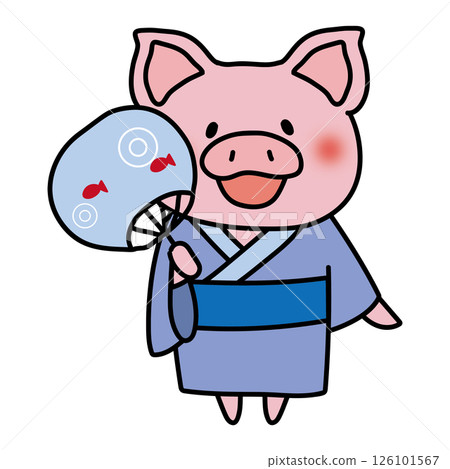 一隻穿著藍色浴衣、拿著扇子的豬 126101567