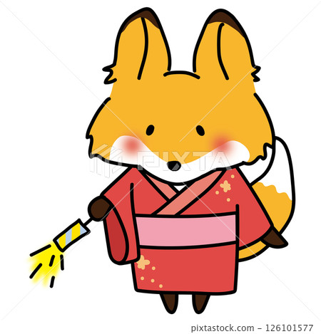 A fox wearing a yukata and playing hand-held fireworks 126101577